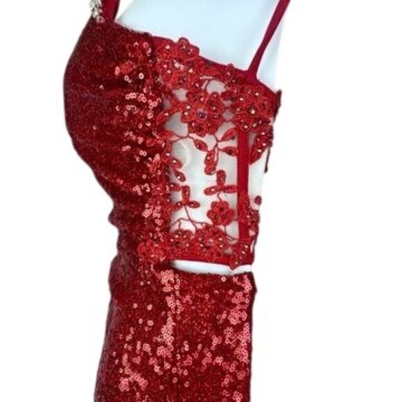 Rachel Allan Red Sequin Floor Length Gown Lace-up Back Dress Size 00 NWT 70517 - Picture 10 of 16